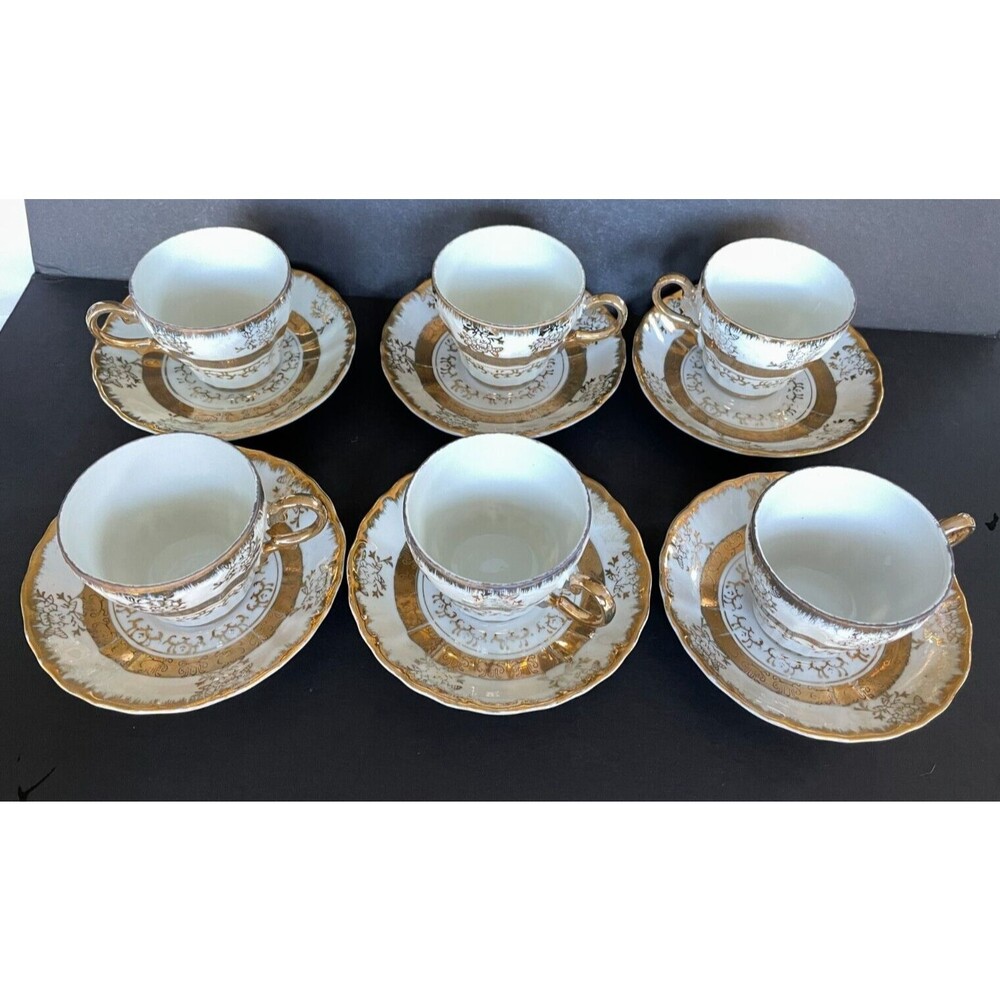 Vintage Royal Crown Gold Trim Demitasse Set of 6 Cups and Saucers #3575